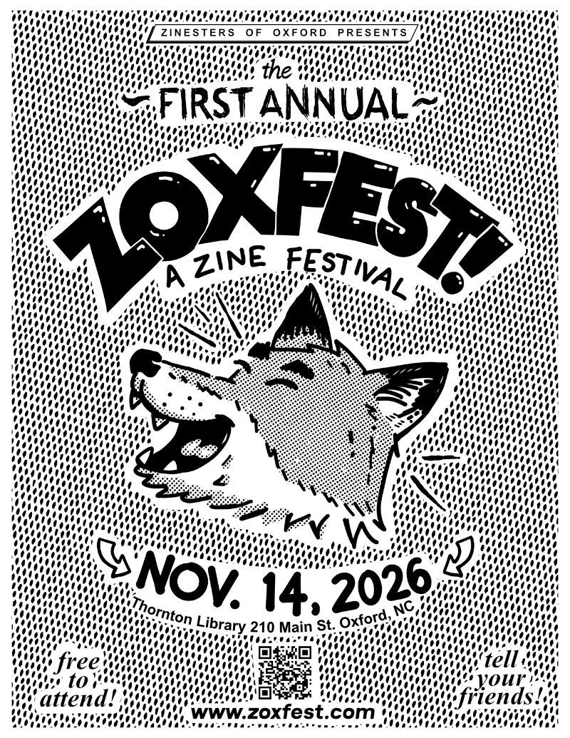 black and white event poster with the Zox Fox time and date of event