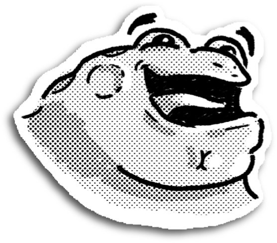 black and white illustration of a smiling frog
