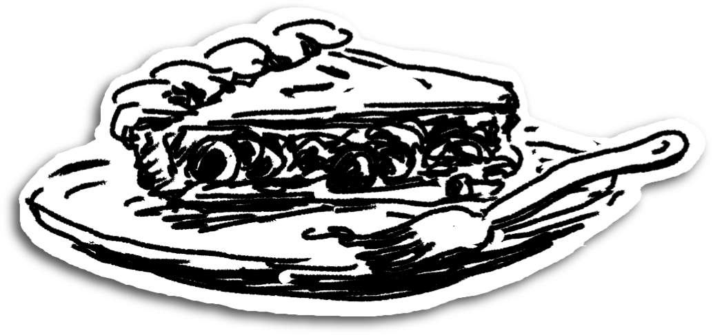 black and white illustration of a slice of cherry pie on plate with fork