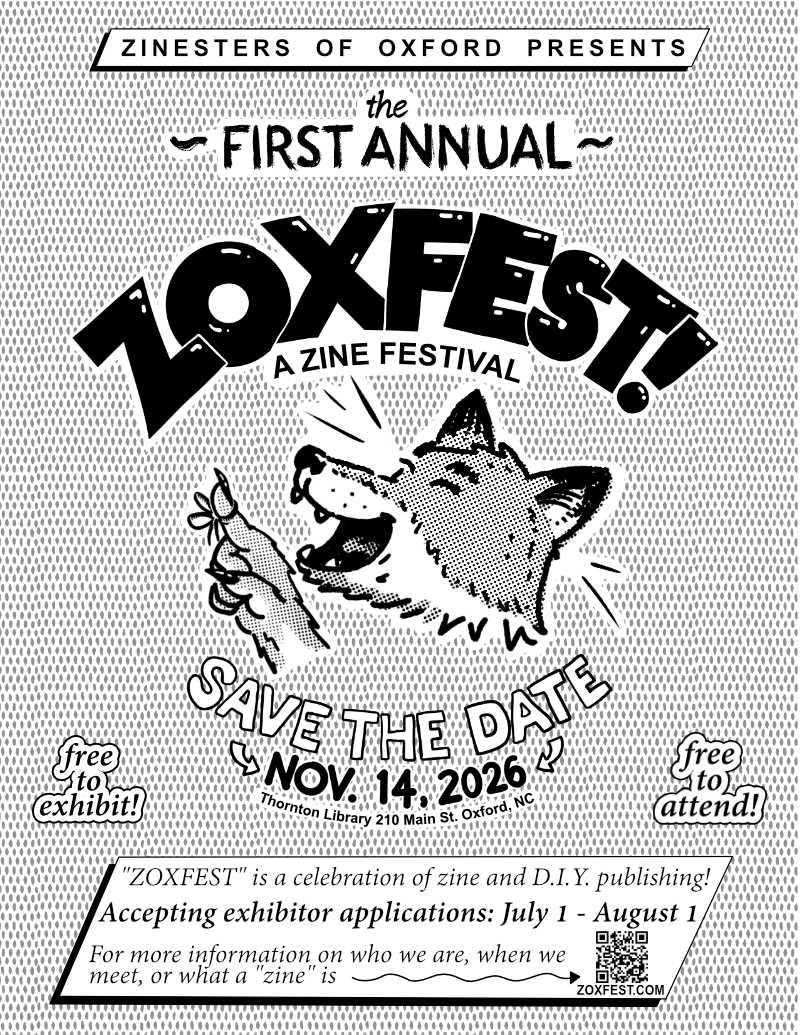 black and white event poster with the Zox Fox bow tied around finger and info